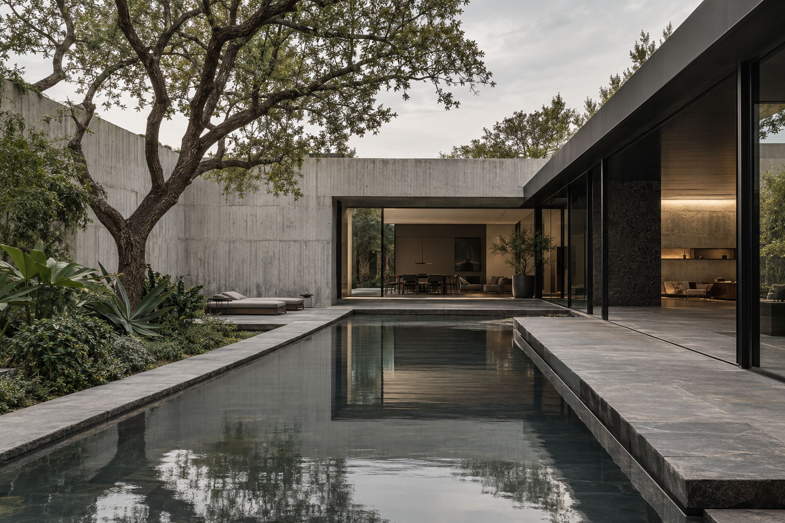 Residencia contemporánea de concreto y vidrio al anochecer